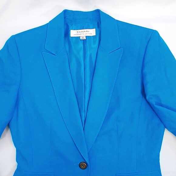 Tahari Arthur S. Levine Blue Bright One Button Closure Linen Blend Blazer EUC - Picture 5 of 8